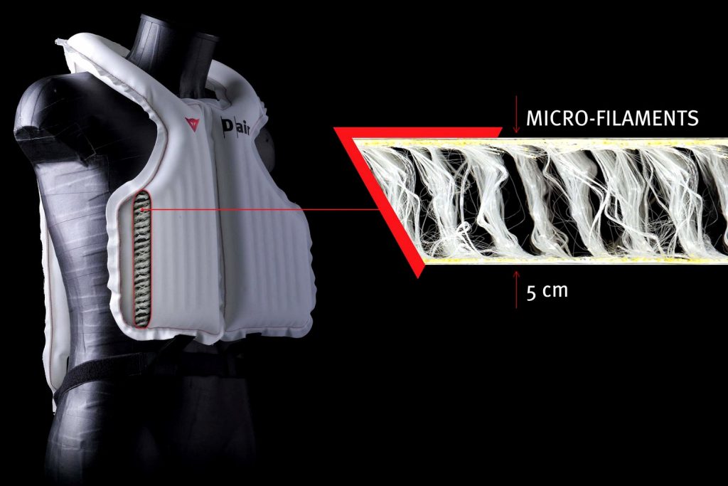 Grâce aux filaments, l’épaisseur de l’airbag du Dainese D-Air Misano 1000 est limitée à 5 cm pour une meilleure répartition de l’onde de choc