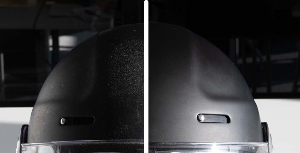 Casque moto mat, avant et après nettoyage