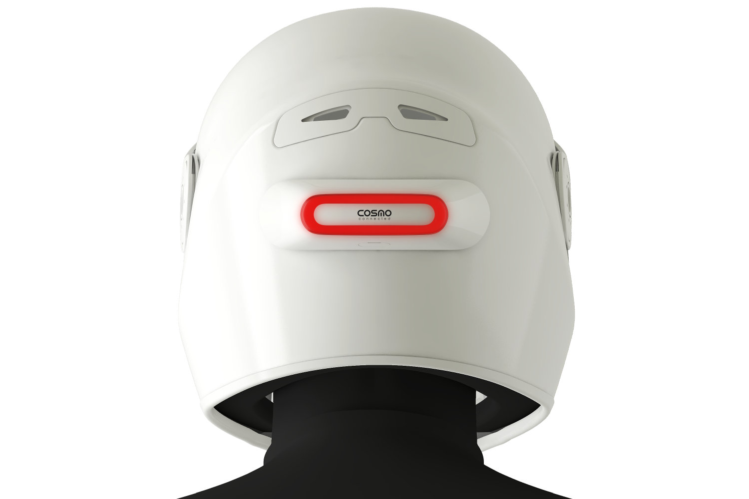 Le module Cosmo Connected se fixe à l’arrière du casque, à hauteur du regard des automobilistes Le module Cosmo Connected se fixe à l'arrière du casque, à hauteur du regard des automobilistes
