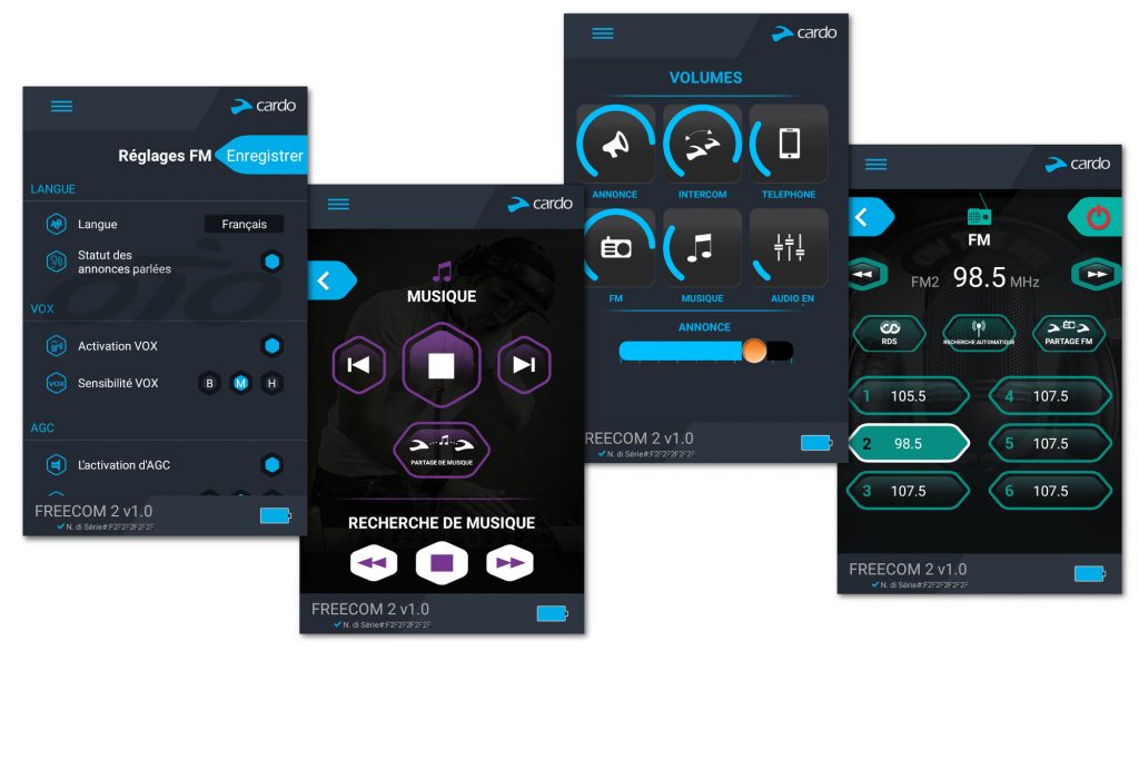 Quelques captures de l’appli Cardo Smartset configurée pour le Cardo Freecom 2