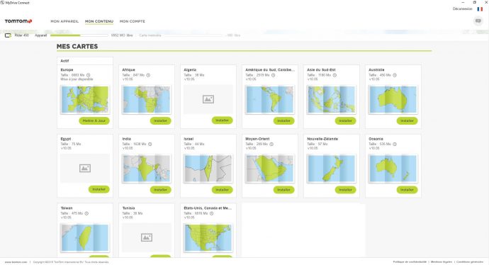 Les différentes cartes installables sur le GPS, dans le logiciel "MyDrive Connect"