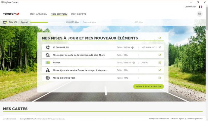 Liste des mises à jour dans le logiciel MyDrive Connect