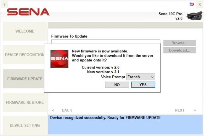 Il faut passer par le logiciel Sena Device Manager pour procéder aux mises à jour du firmware du 10C Pro