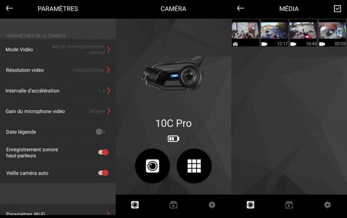 L'application Sena Caméra sur smartphone (iOS et Android) permet de modifier les différents paramètres de la caméra et de consulter les fichiers présents sur la carte SD