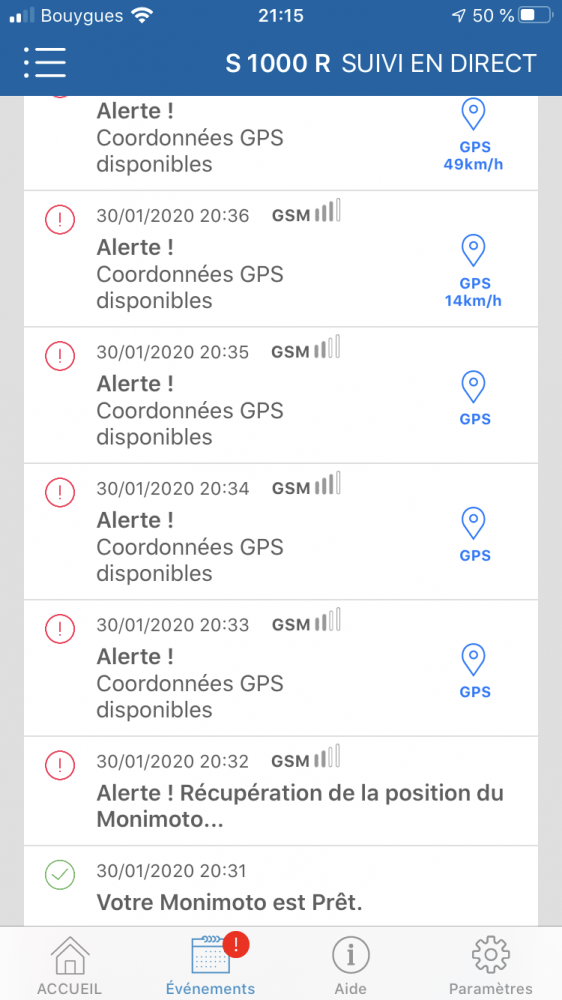 Exemple d'une alerte dans l'application de l'antivol MoniMoto Tracker GPS