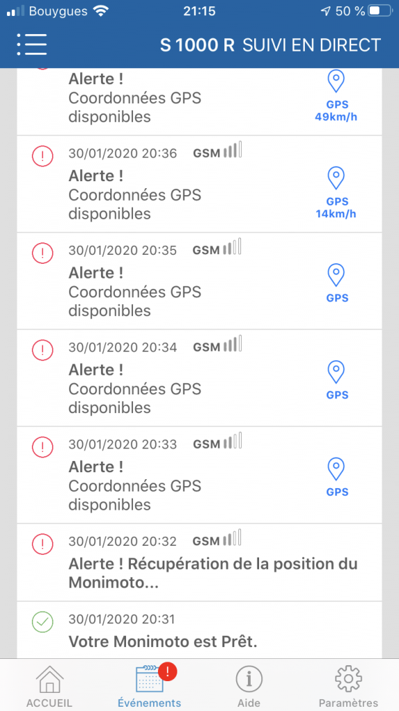 Tracker GPS Monimoto – Exemple d’une alerte dans l’application