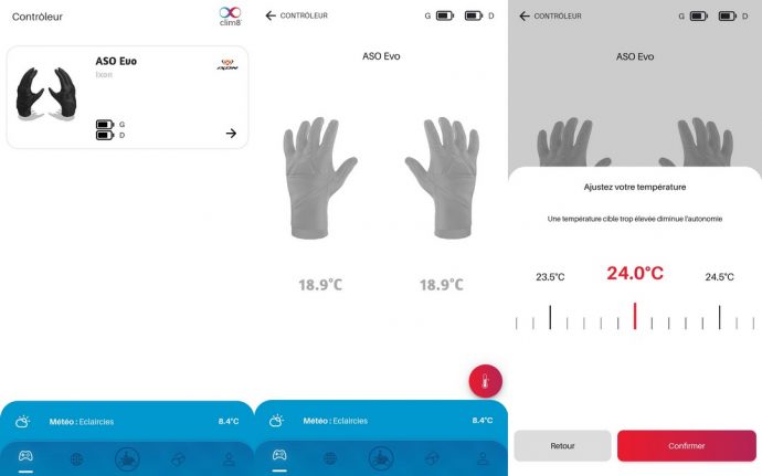 aperçu de l'application Clim8 pour contrôler les gants chauffants Ixon