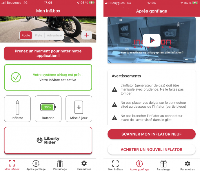 aperçu de l'application pour utiliser le gilet Fury Air bag system