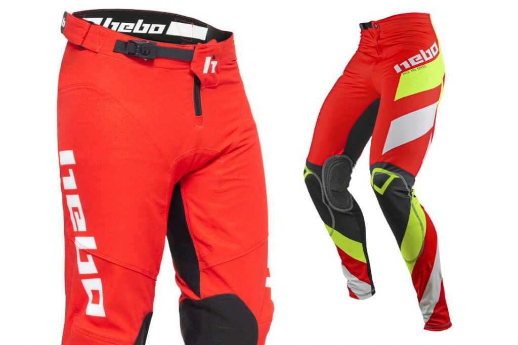 Zooms sur deux parties de pantalons moto trial, taille et genoux