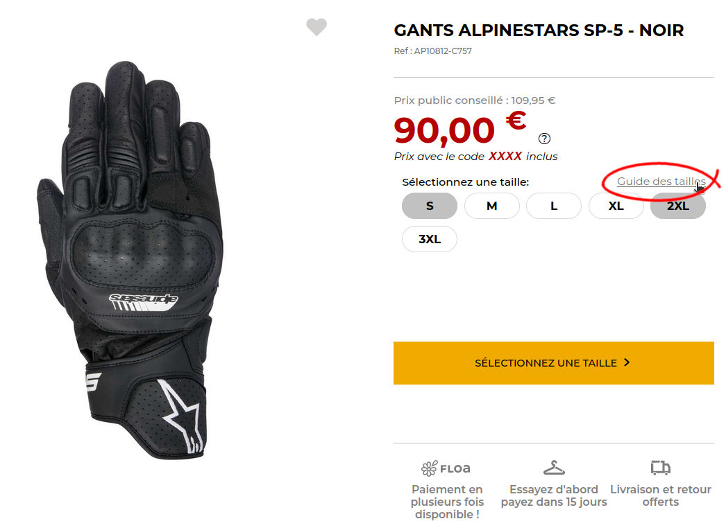 Capture d'écran d'une fiche produit Motoblouz avec le lien vers le guide des tailles mis en avant