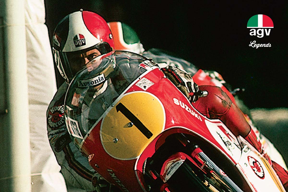 Giacomo Agosini et son casque intégral AGV dans les années 70-80