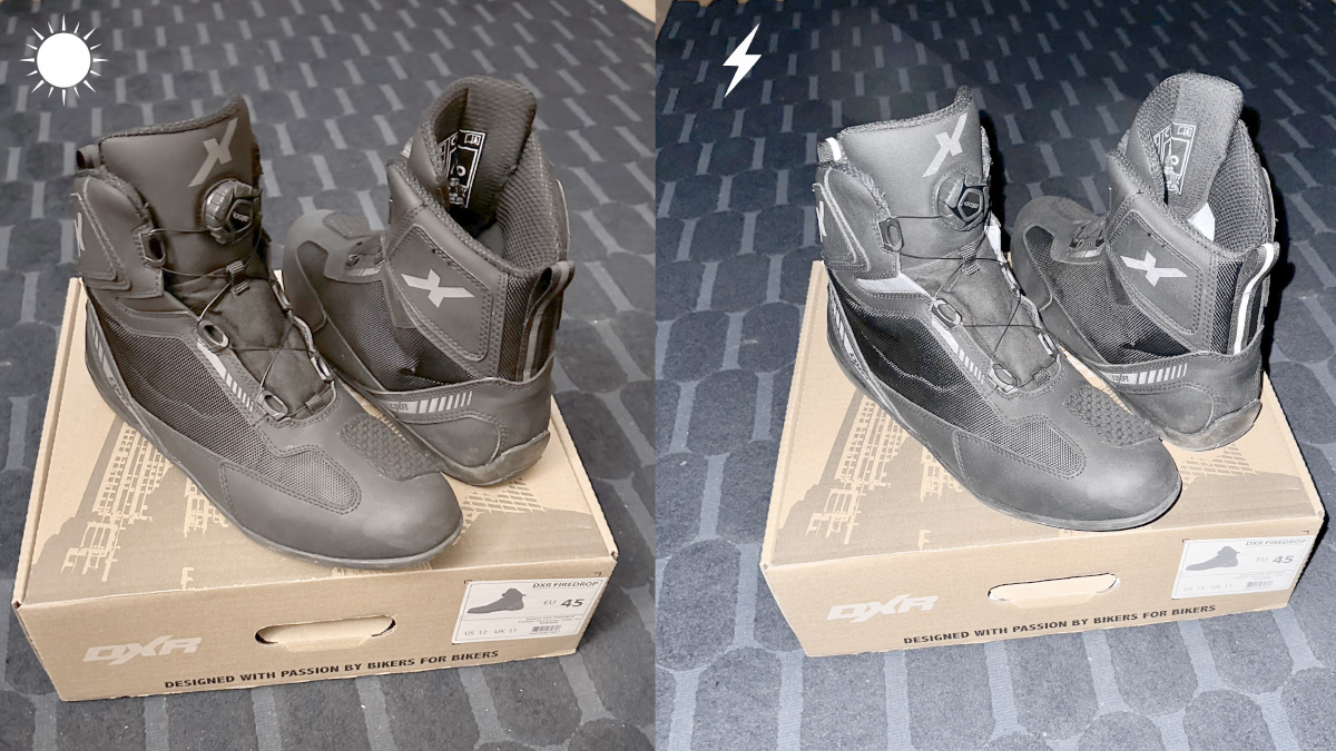 DXR firedrop, chaussures moto avec inserts rétroréflechissants, vue jour / nuit