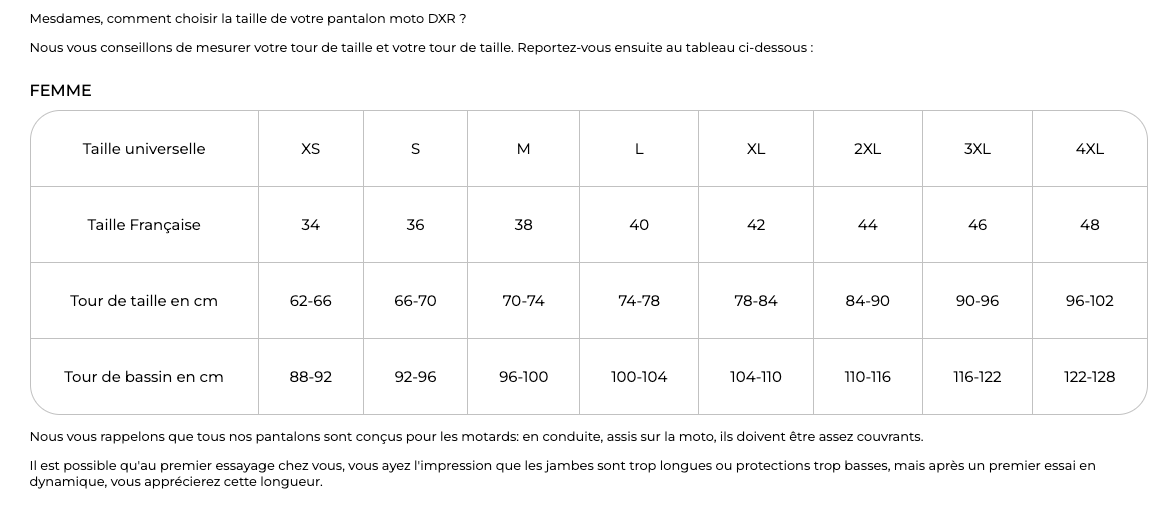 Guide des tailles 
