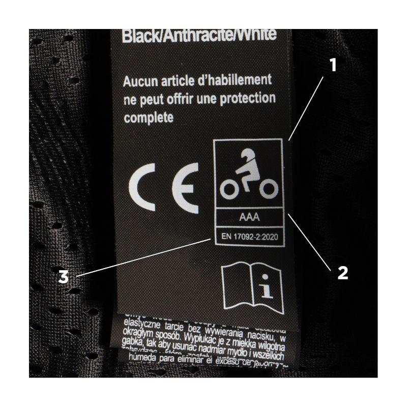 Étiquette homologation blouson, pantalon et combinaisons moto 
